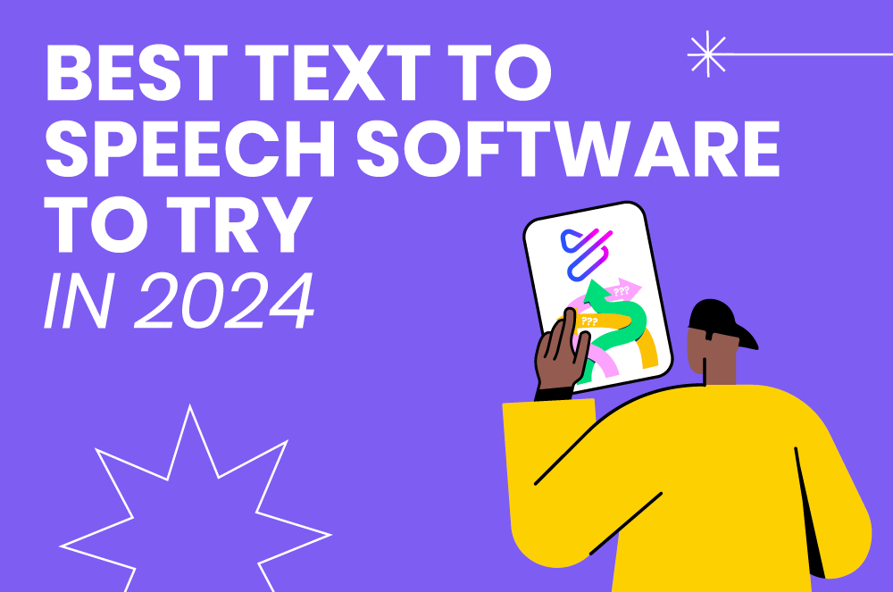 Stylized man choosing Powtoon from other text-to-speech software platforms on a tablet computer.